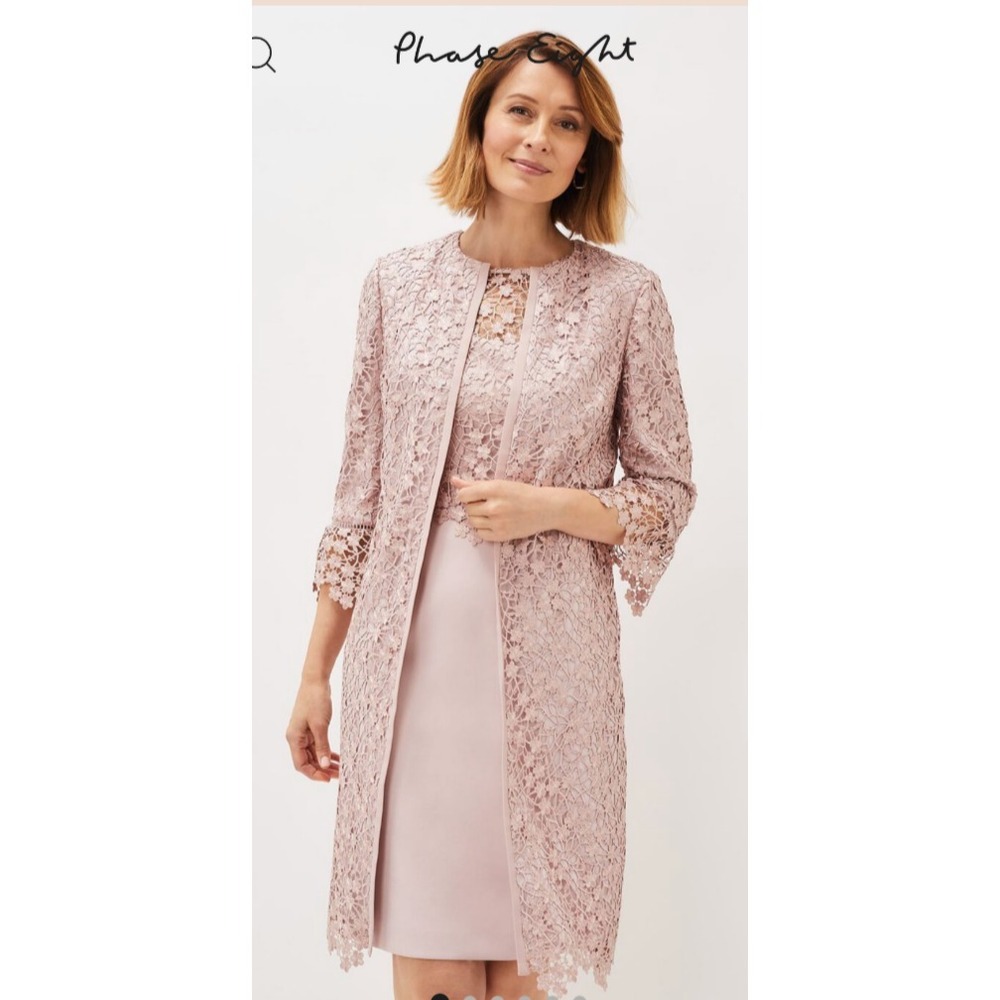 NWT Phase Eight Mariposa Sheath Dress Lace Bodice Open Coat Antique Rose SZ 14